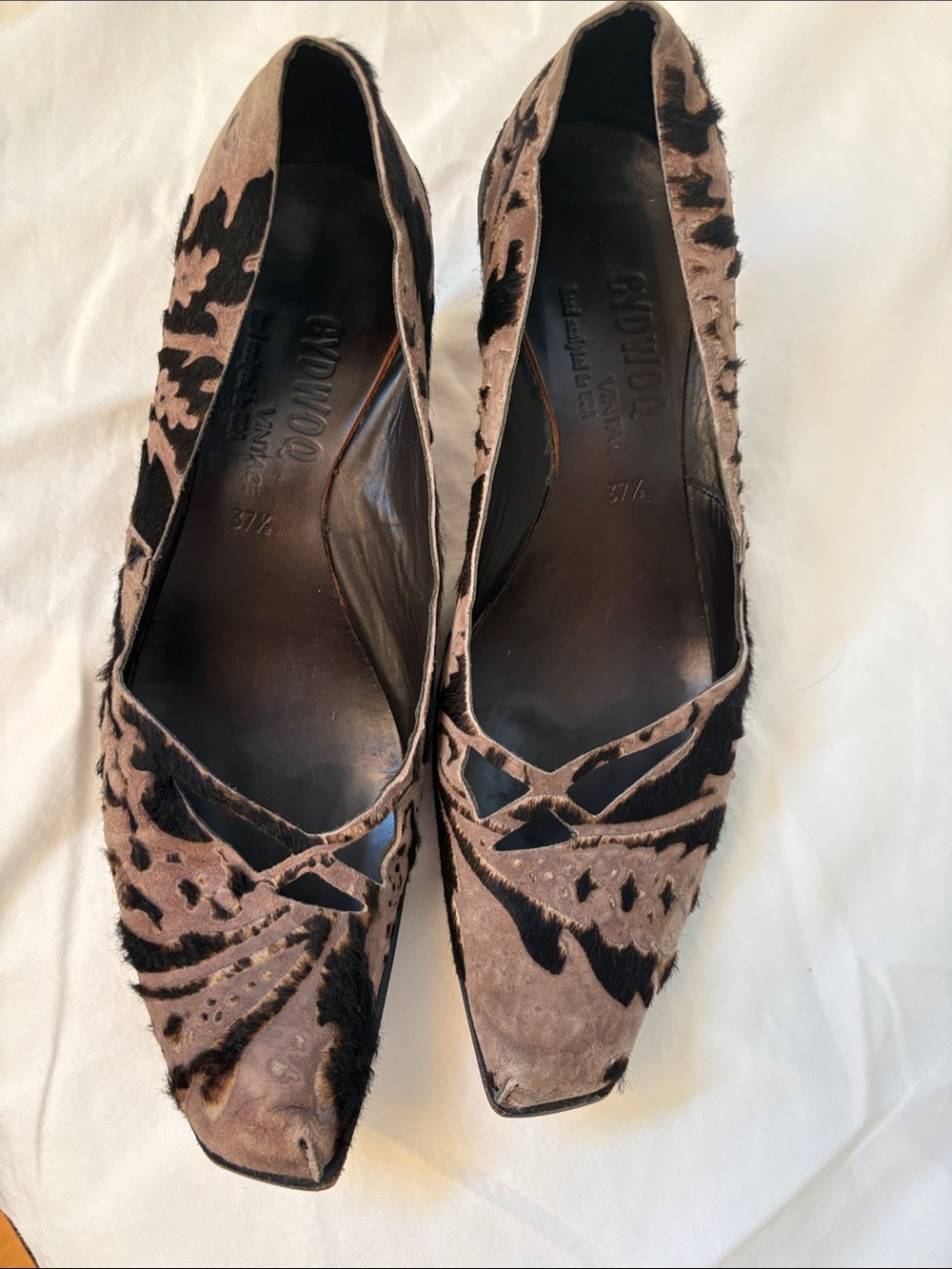 Cydwoq Pointed-Toe Patterned Heels in Taupe and Black